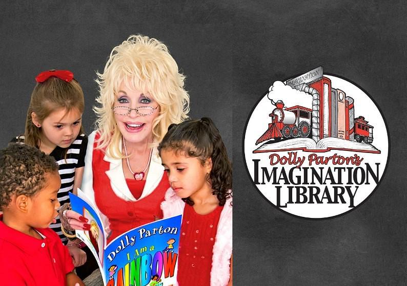 Dolly Parton reading book to children and logo that says 'Dolly Parton's Imagination Library'